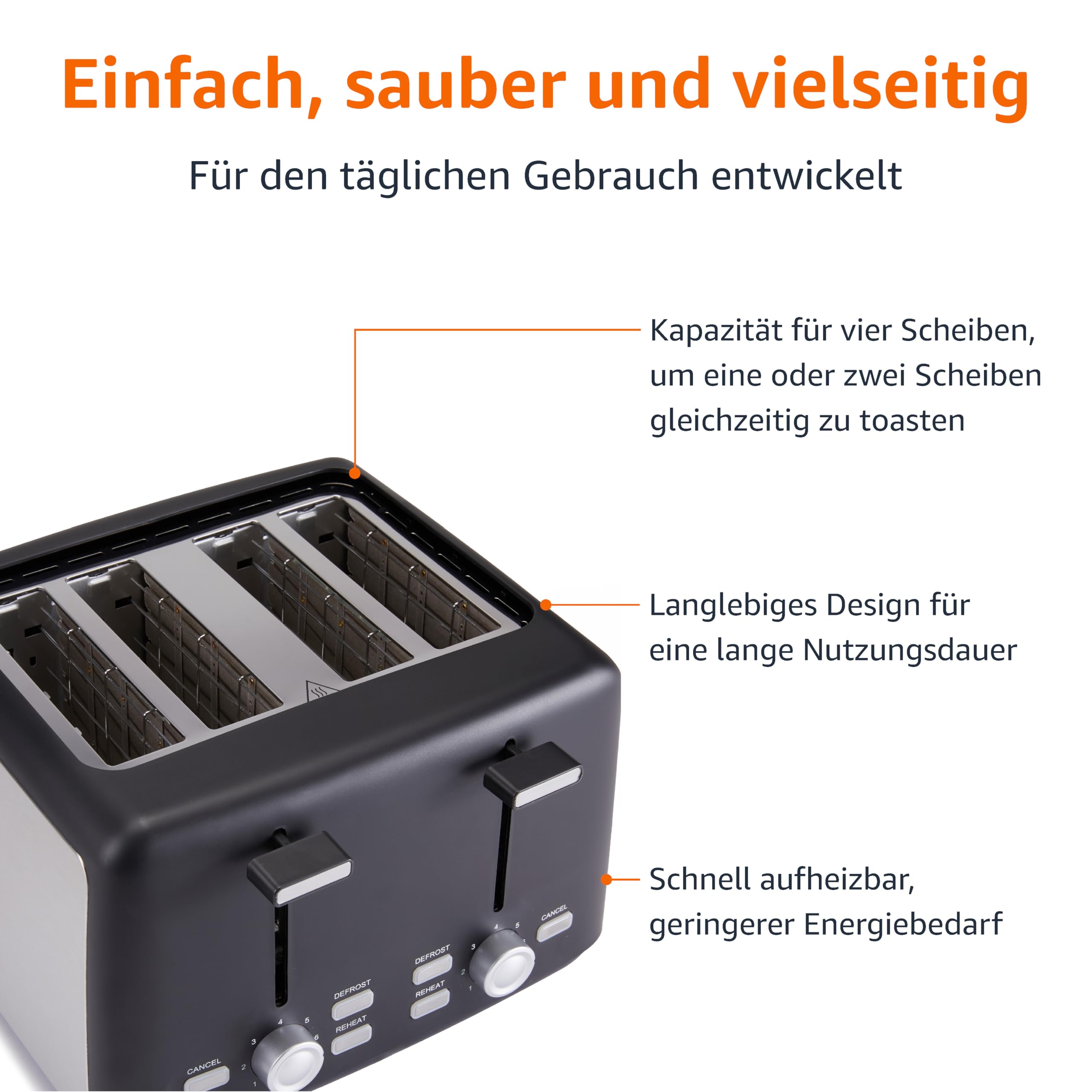 Amazon Basics 4-Scheiben Toaster mit 7 Bräunungsstufen und Herausnehmbarer Krümelschublade, Extra Breite Schlitze, 1500W, Schwarz