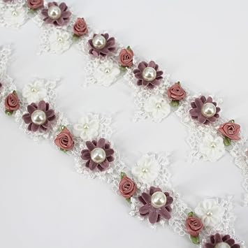 1 Yard Pearl Flower Beads Lace Edge Trim Ribbon Vintage Style White Trimmings Sewing Craft Wedding Bridal Dress Decoration Clothes Embroidery White