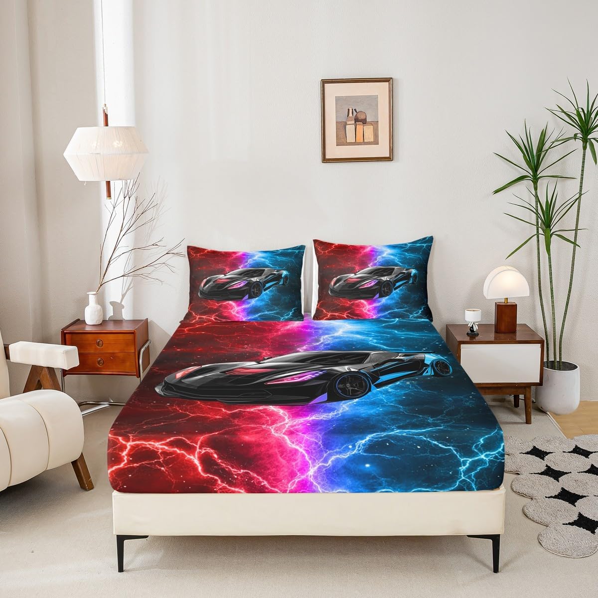 Race Car Fitted Sheet Red and Blue Sports Car Bed Sheets Queen,3D Cool Extreme Sheets for Kids Teen Boys Tie Dye Lightnings Bed Set Abstract Room Decor