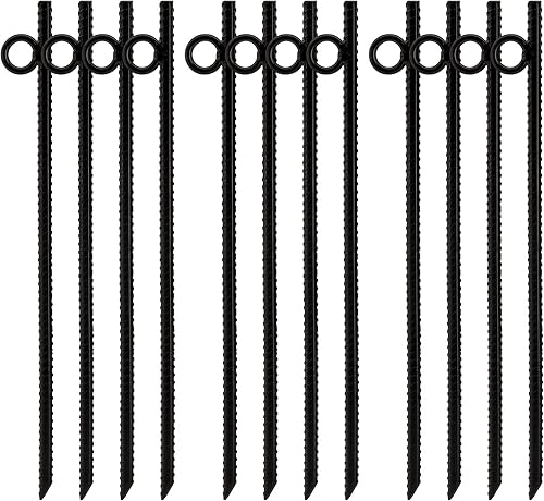 Miniatura 8 de ZOOFOX Paquete de 12 anclajes de tierra negros de 17 pulgadas, estacas de acero resistente con bucle, estacas reutilizables para tienda de campaña