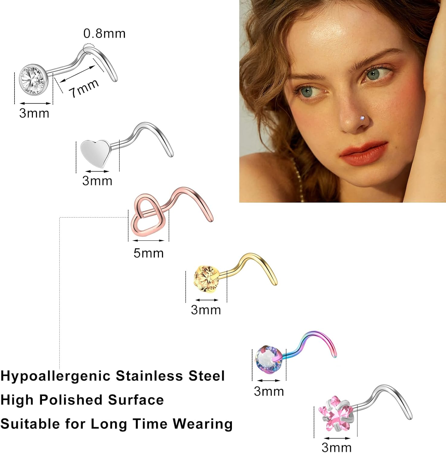 ONESING 36-44 Pcs 18G 20G Nose Rings Studs Nose Rings for Women Nose Piercings Jewelry Surgical Stainless Steel Nose Studs Moon Star Heart Butterfly Hypoallergenic Body Piercing Jewelry for Women Men - Image 2