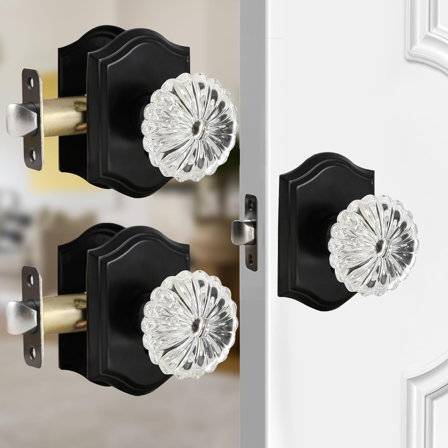 Floresita 3 Pack Crystal Door Knobs, Black Glass Door Knobs Interior