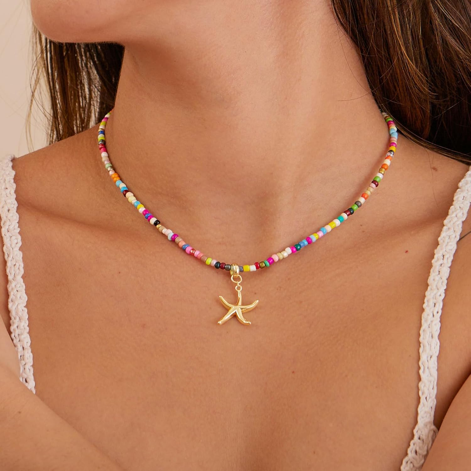 VRIUA Colorful Beaded Necklaces for Women – Summer Beach Boho Starfish, Conch, Shell, Pearl, Palm tree Pendant Necklace Jewelry - Image 5