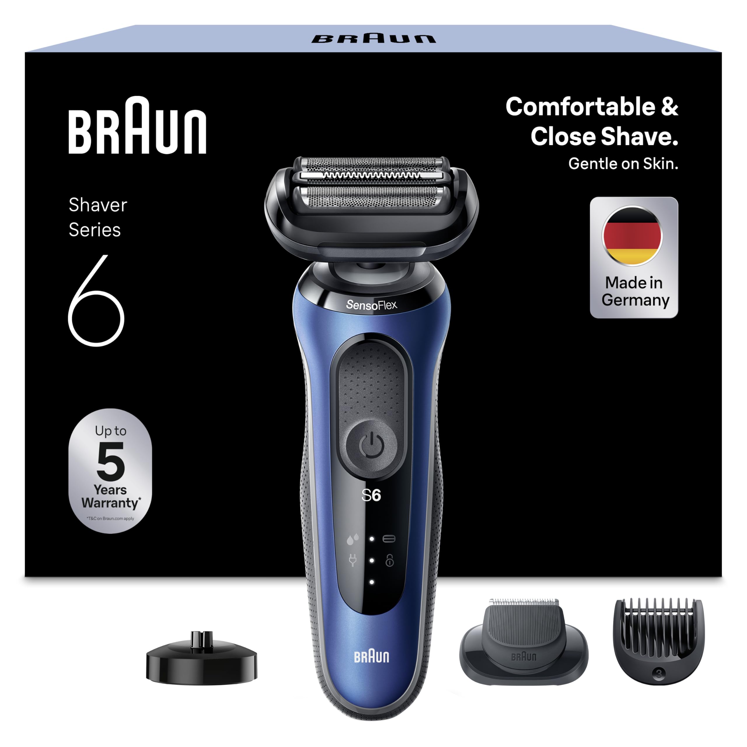 Braun Series 6 Afeitadora El&eacute;ctrica Hombre, M&aacute;quina de Afeitar Barba con Recortadora, EasyClick, Base De Carga, SensoFlex, Uso En Seco Y En Mojado, Recargable, Inal&aacute;mbrica, 61-B4500cs, Azul