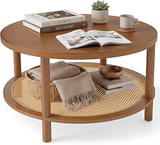 COSTWAY Coffee table round Ø 80 cm, living room table wood glass plate | Side Table with PE Rattan Shelf and Solid Wood Legs, Boho Coffee Table for Living Room and Bedroom, Walnut