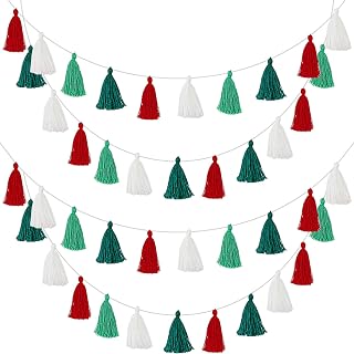 WILLBOND 4 Pieces Christmas Tassel Garland for Classroom Wall Decor Boho Pastel Garland Cotton Tassel Banners for Christmas Party School(3.1 Inch,Red, White, Light Green, Dark Green)