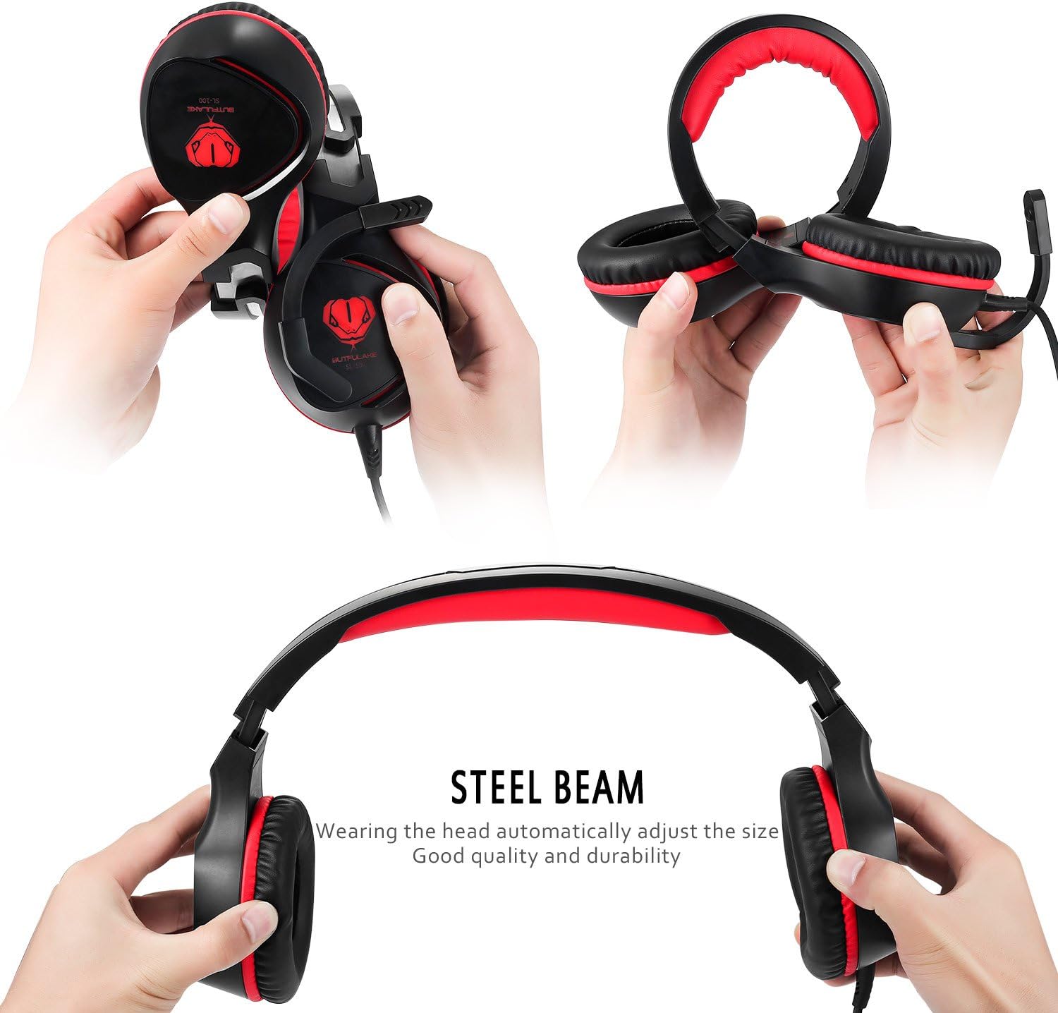 MFEEL Gaming Headset Over Ear Headphones with Mic for PS4 Xbox One S PC Laptop Tablet iPhone iPad Mobile Phones - Easy Volume Control & LED Lighting - Black Red