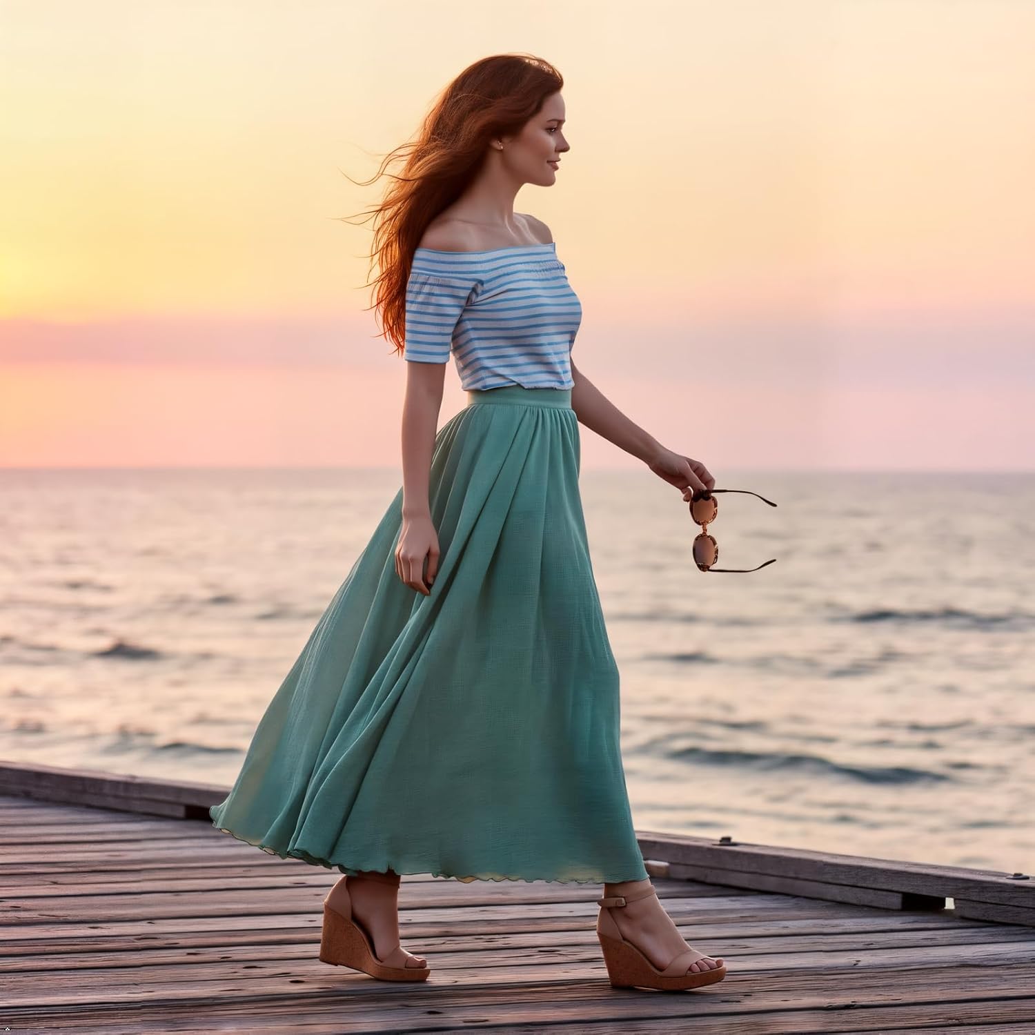 Phorecys Women's Cotton Maxi Skirt Elastic Waist A-Line Flowy Long Skirts Boho Gypsy Renaissance - Image 2