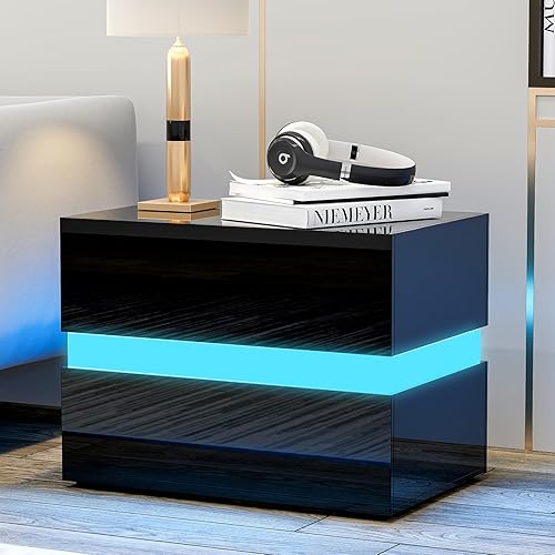 Mesitas de noche LED, mesita de noche con luces LED, moderna mesita de noche con cajones de alto brillo, mesa auxiliar para dormitorio y sala de