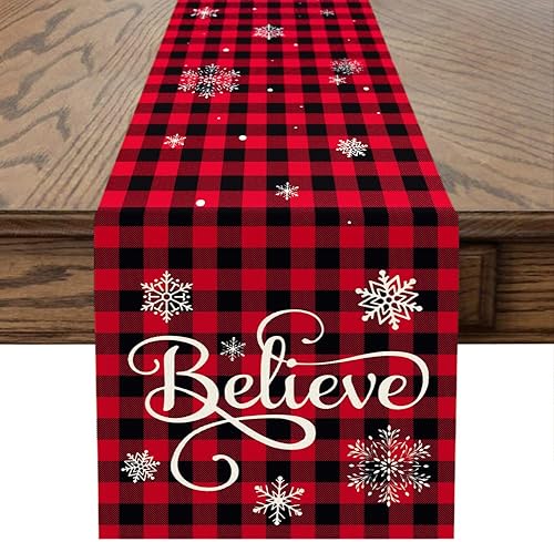 OTOSTAR Camino de mesa de lino navideño, diseño de copos de nieve a cuadros rojos y negros, camino de mesa para cocina, comedor, decoración para