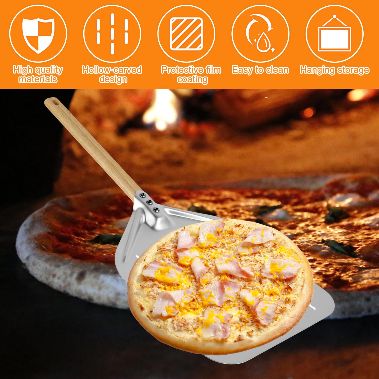Set Pale Per Pizza In Acciaio Inox – Pala Rotonda 30 Cm Manico 80 Cm E Spatola Quadrata 20 Cm Manico 40 Cm, Con Fori