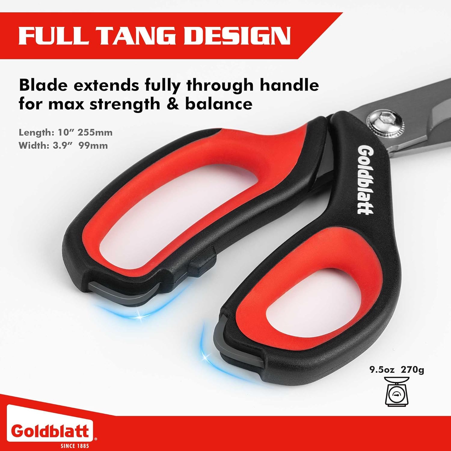 Goldblatt 10-Inch Heavy Duty Scissors, Multipurpose Shop Scissors, Curved Titanium Blades and Serrated Edge for Easy Cutting of Aluminum Sheets, Pruning, Rope and Leather