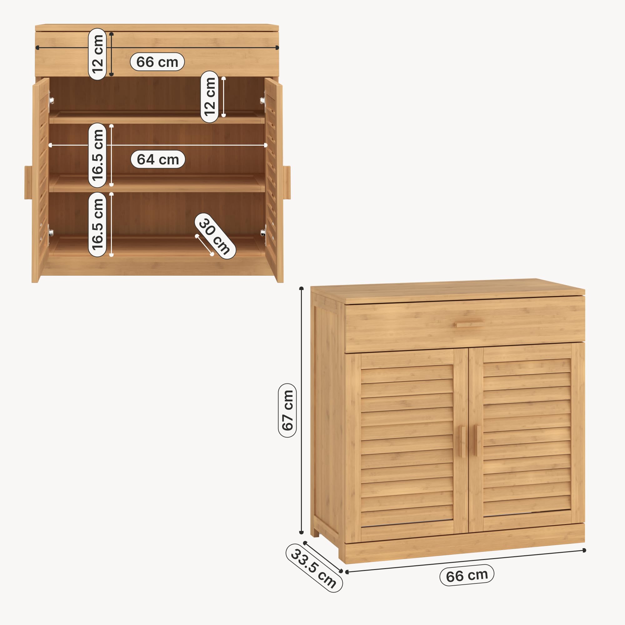 [en.casa] Scarpiera a 2 Ante con Cassetto Mobile Contenitore con 3 Ripiani Armadietto Portascarpe in Bambù Naturale per Ingresso Corridoio Bagno 67 x 66 x 34 cm