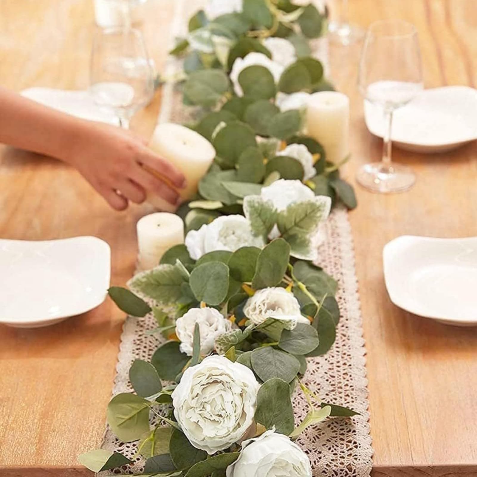 Eukalyptus Seiden Rosen Pfingstrosen Girlande Deko, Blumengirlande Eukalyptus Girlande Vintage Gefälschte Blume Pfingstrose Für Klimaanlage Decke Wohnzimmer Hochzeit Feste (Weiß,3 Stück)