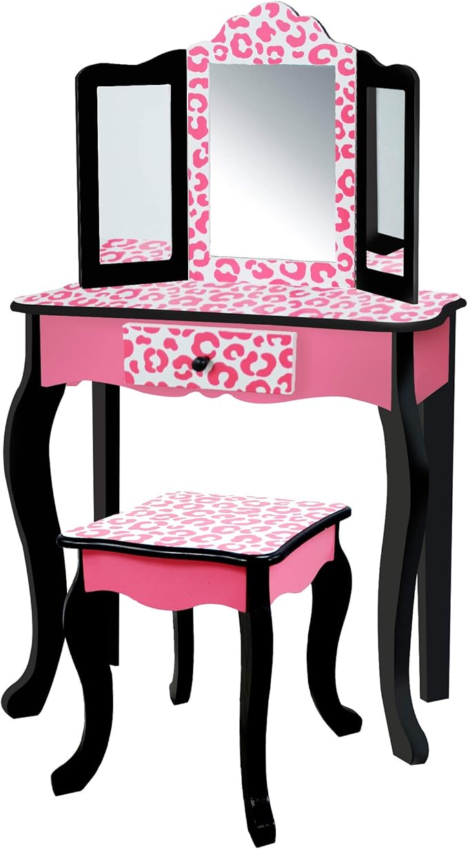 Teamson Kids Leopard Prints Wooden 2pc. Play Vanity Set with TriFold Mirror