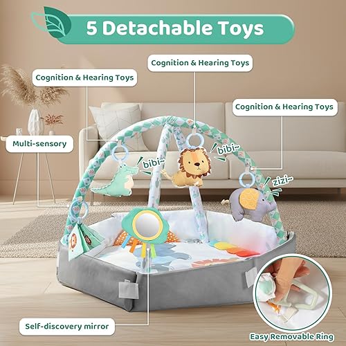 Miniatura 3 de Tapete de gimnasio para bebés con tienda de campaña, tapete de actividades para niños pequeños de 0 a 6 meses, tapete de gimnasio lavable para