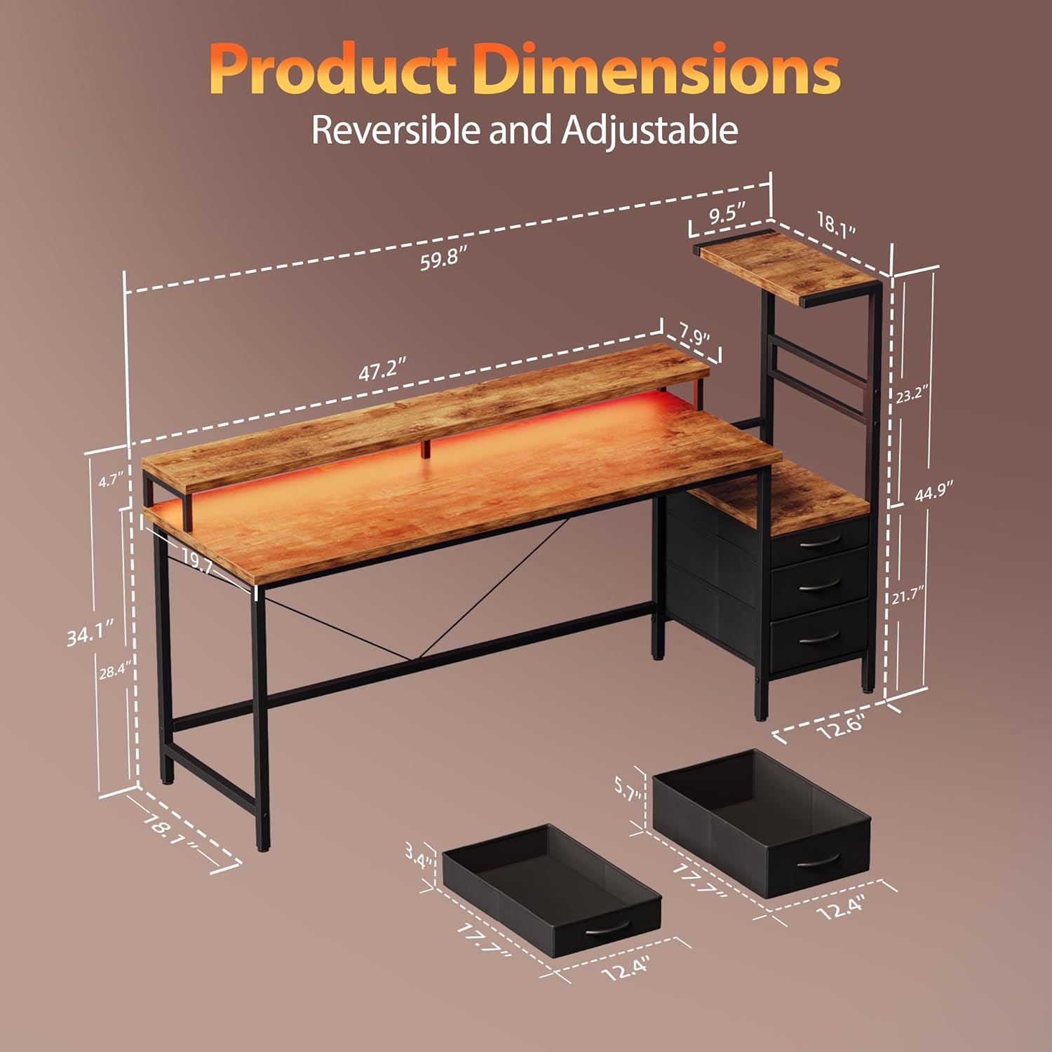 Mericonia Gaming Desk with Power Outlets & LED Lights, Reversible Computer Desk with PC Case Stand, Fabric Drawers, Modern Office Desk with Shelves, Monitor Stand