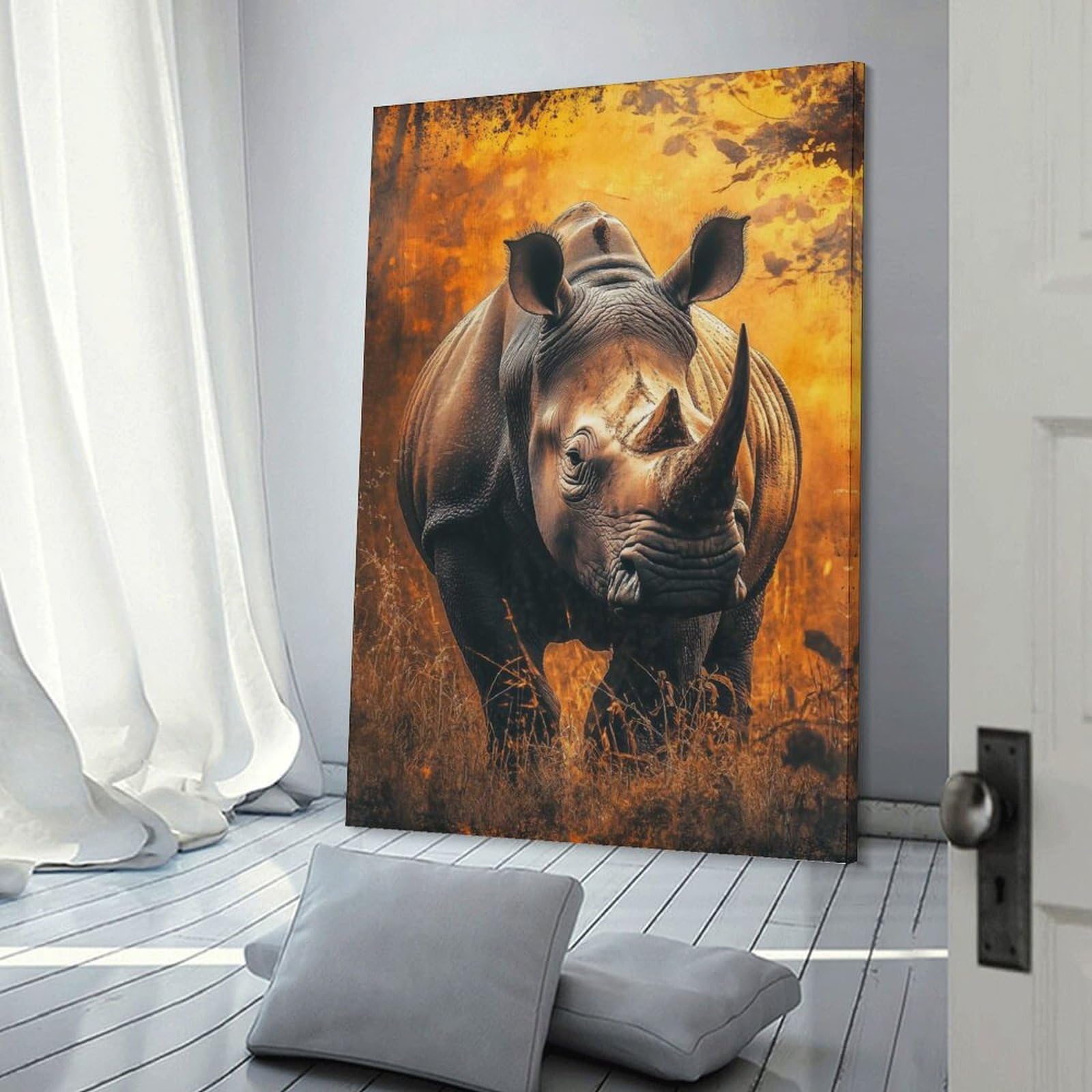Junmoney Frame-Style-8 Canvas Wall Art White Rhino Portrait, 20X30inch(50X75cm), For Lounge, Study, Hallway Or Flat Walls, Canvas Wall Art That Fits Changing Layouts