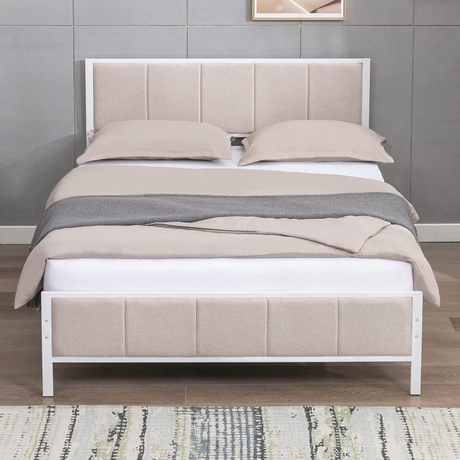Mixoy Cal King Metal Bed Frame, Linen Platform Bed Frame
