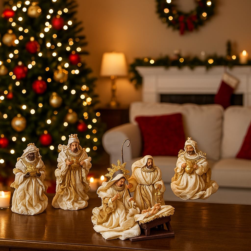 Magie di Natale Natività completa con 6 soggetti statue per presepe vestiti in tessuto Panna e Oro h 28 cm