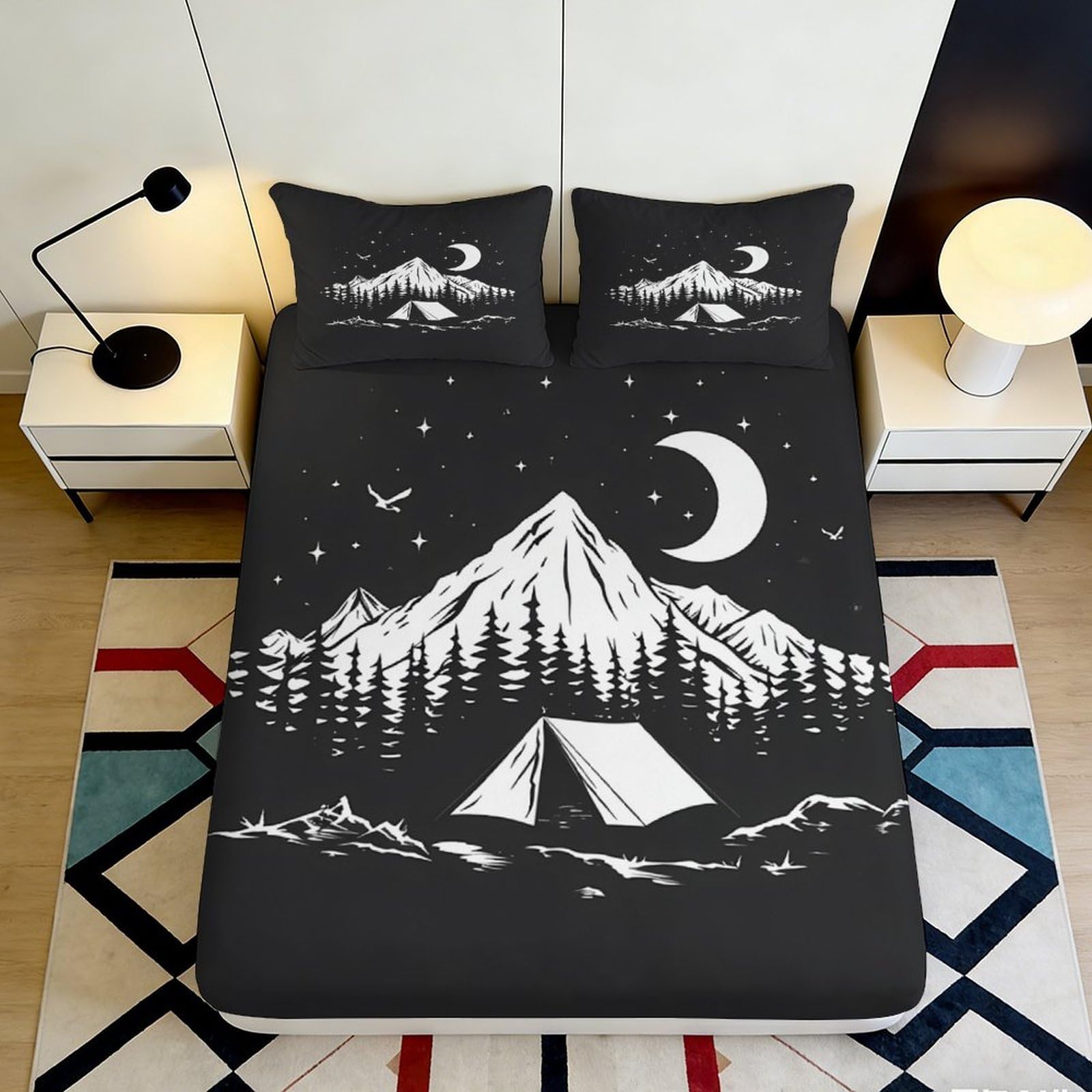 Jqzkxnhpbr Style-9 3D Printed Mountain Night Fitted Sheet Microfiber Soft Black Forest Moon Tent Bed Cover For Bedroom Guest Room 90X200x25cm