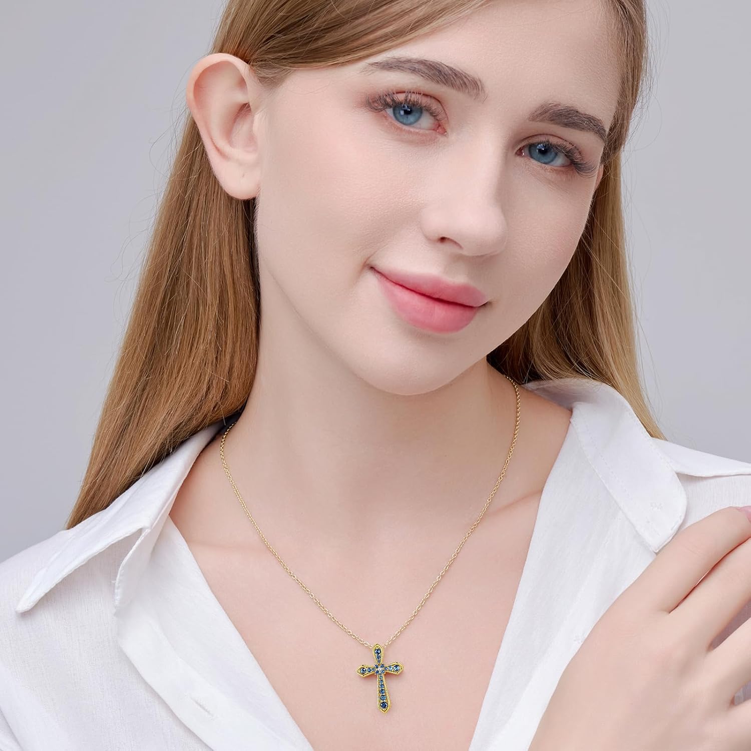 14K Gold Plated Cross Necklace for Women, Simple Diamond Necklace Faith Cross Jewelry Dainty Birthstone Pendant Necklaces First Communion Necklace Easter Present Christmas Gift Birthday Gift for Women - Image 3