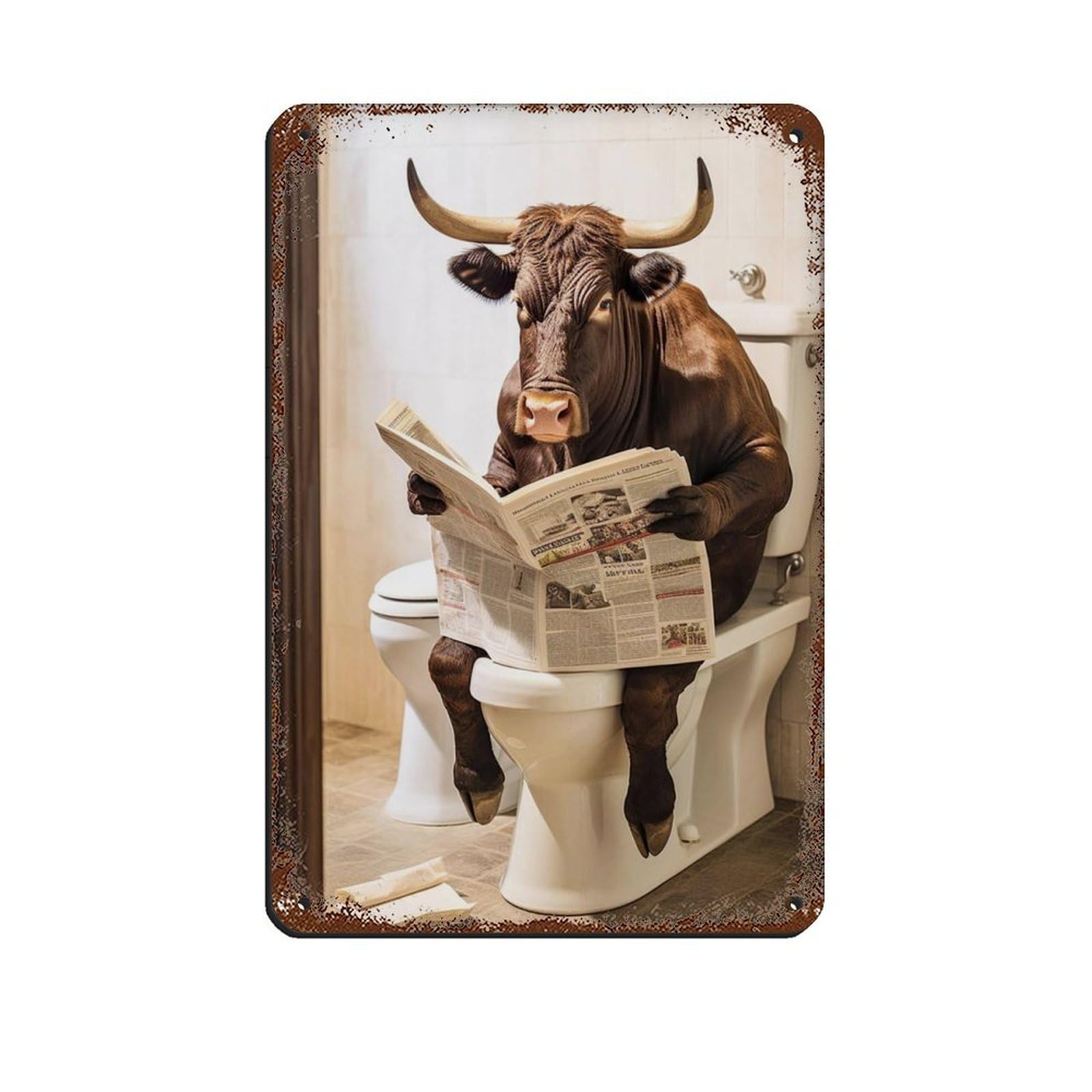 Lxwnze 20L X 30W Cm Aberdeen Angus Cow Sitting On The Toilet Reading A Newspaper Tin Sign Vintage Metal Pub Club Cafe Bar Home Wall Art Decoration Poster Retro 8X12inch(20X30cm)