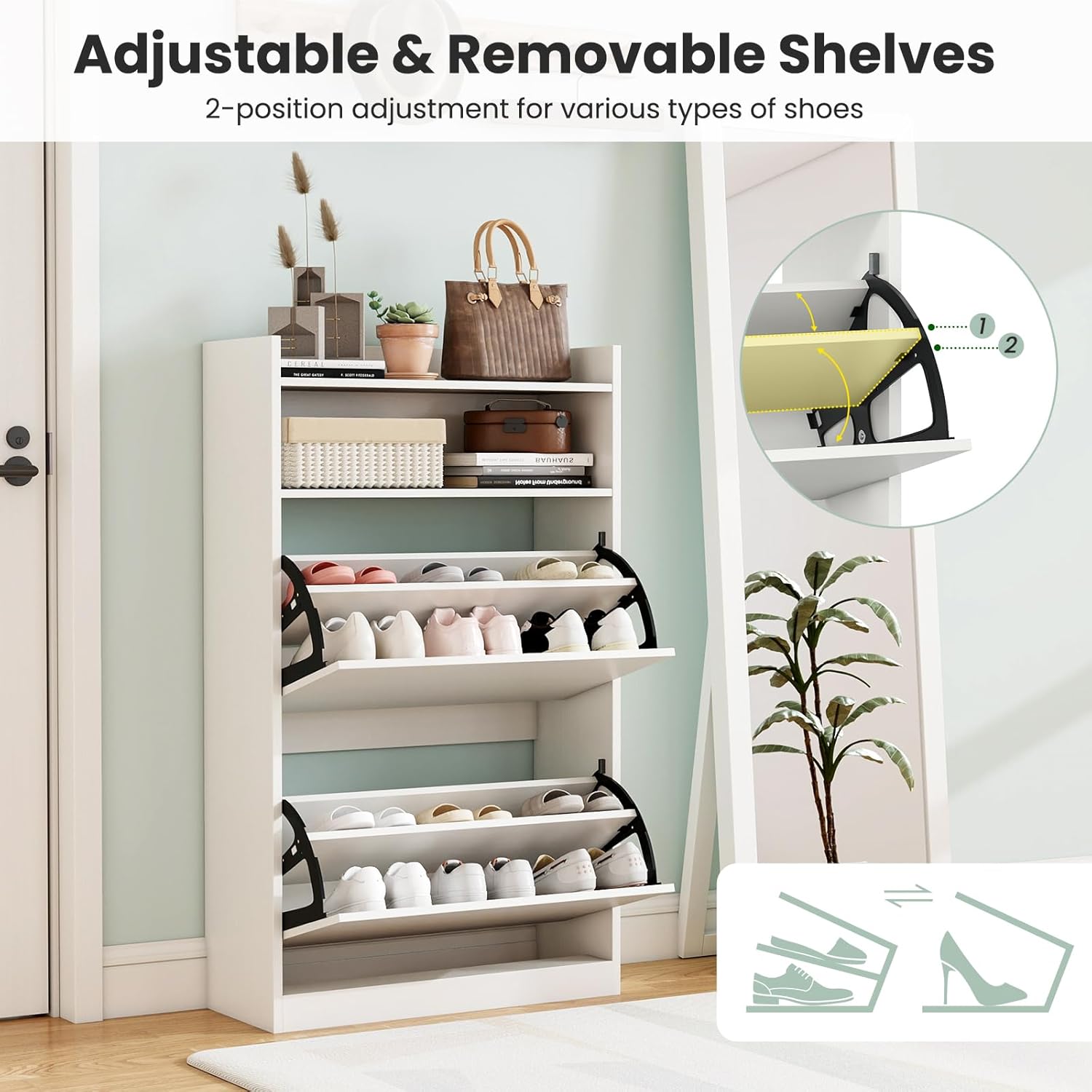 GOFLAME Shoe Storage Cabinet with 2 Flip Drawers, Hidden Shoe Storage Organizer with Adjustable & Removable Shelves, Freestanding Narrow Shoe Rack for Entryway, Hallway, Living Room, White