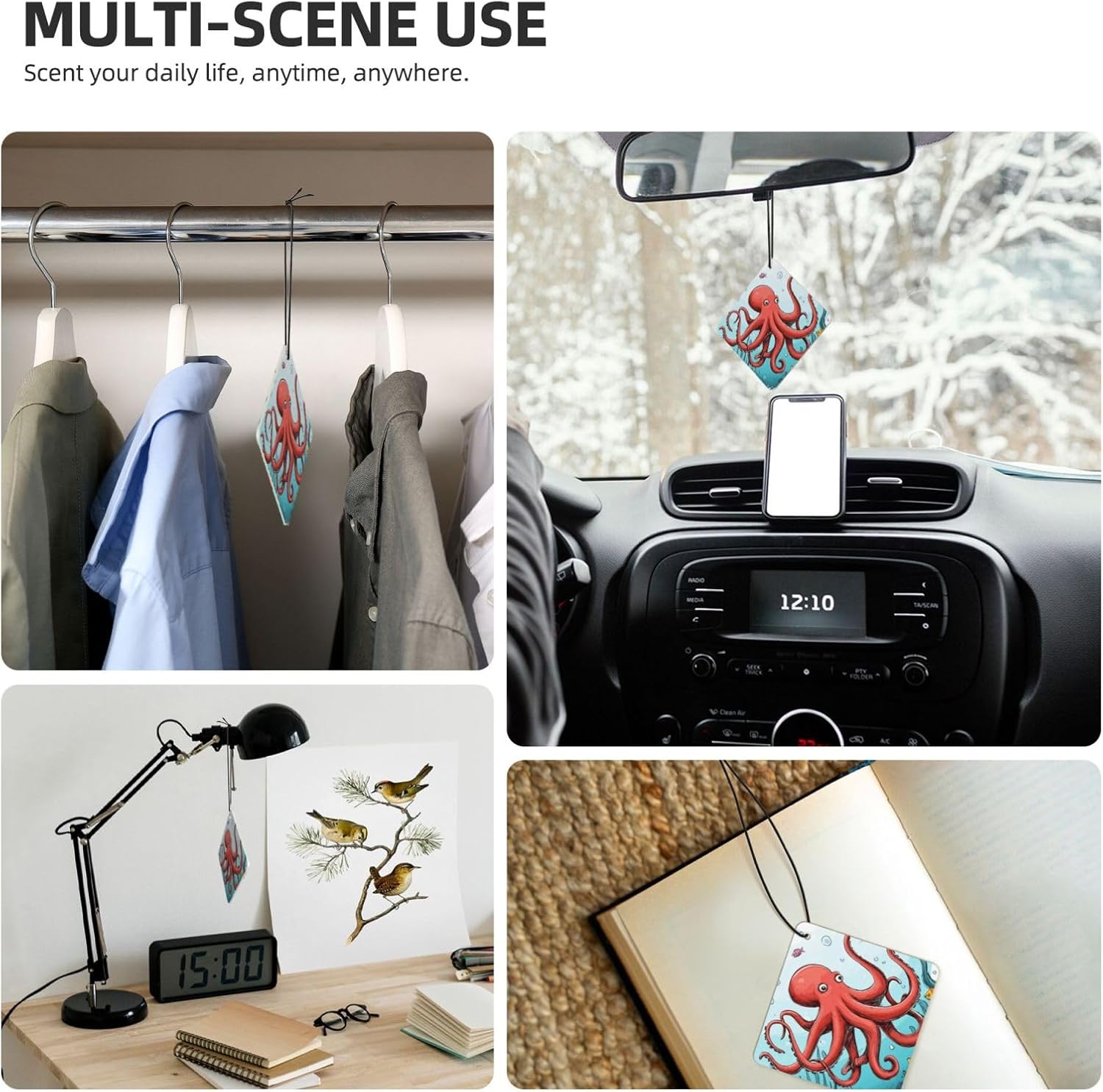 Car Air Freshener 24 PCS Giant Octopus Hanging Car Air Fresheners Auto Interior Decor Card Freshener Strong Scented Card Lavender Cars Scents for Office Bedroom Close Drawer Square
