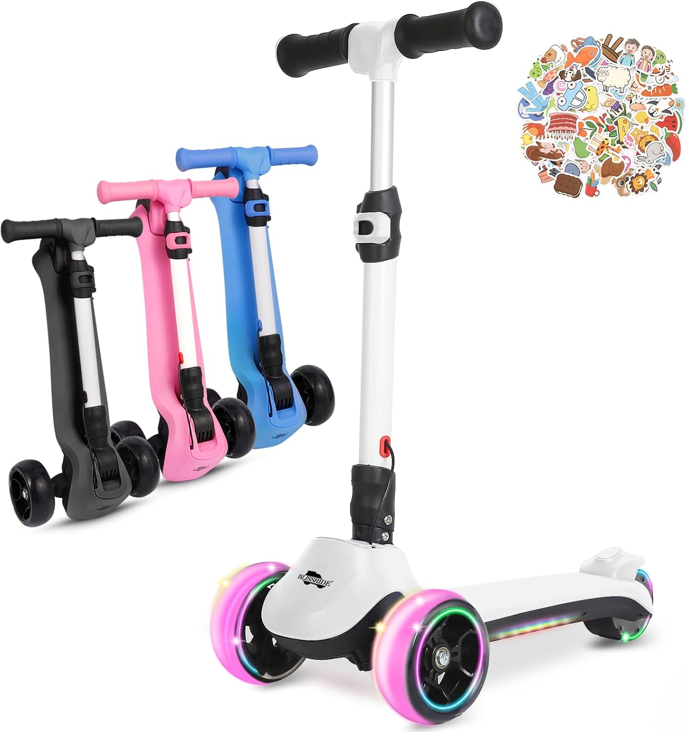 3 Wheel Electric Scooter for Kids, Folding Kick Scooter w/150W Motor, Thumb Accelerator, 3 Adjustable Height, 5Mph Speed, Flashing Wheels & Deck, Sticker, Self-Balancing Toys for Boys, Girls