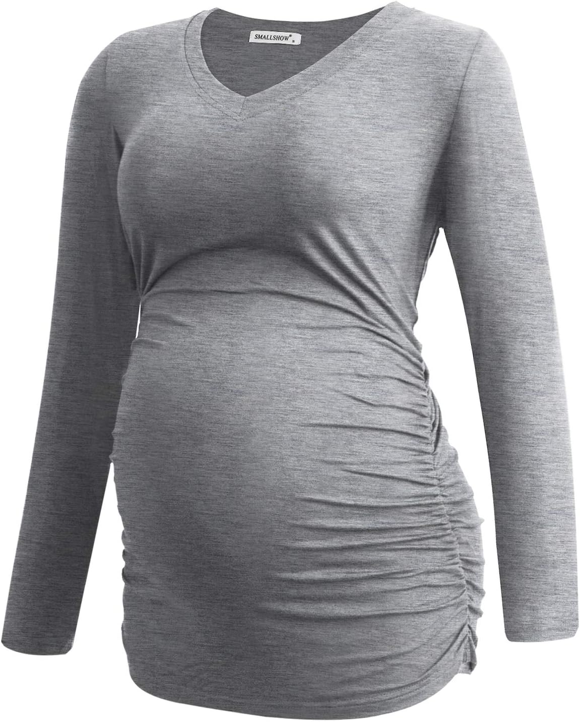 Smallshow Women's V-Neck Maternity Shirt Clothes Long Sleeve Ruched Pregnancy Top - Image 4