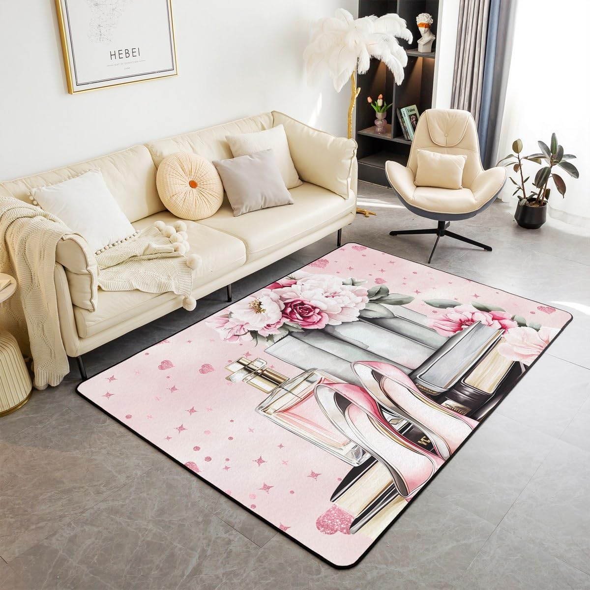 Erosebridal Pink Floral Carpet 4'11" x 3'3" for Girls Kids Teens Girly Modern Fashion Indoor Floor Mat Women Romantic Perfume Area Rug Dreamy High Heels and Book Decorative Washable Rug