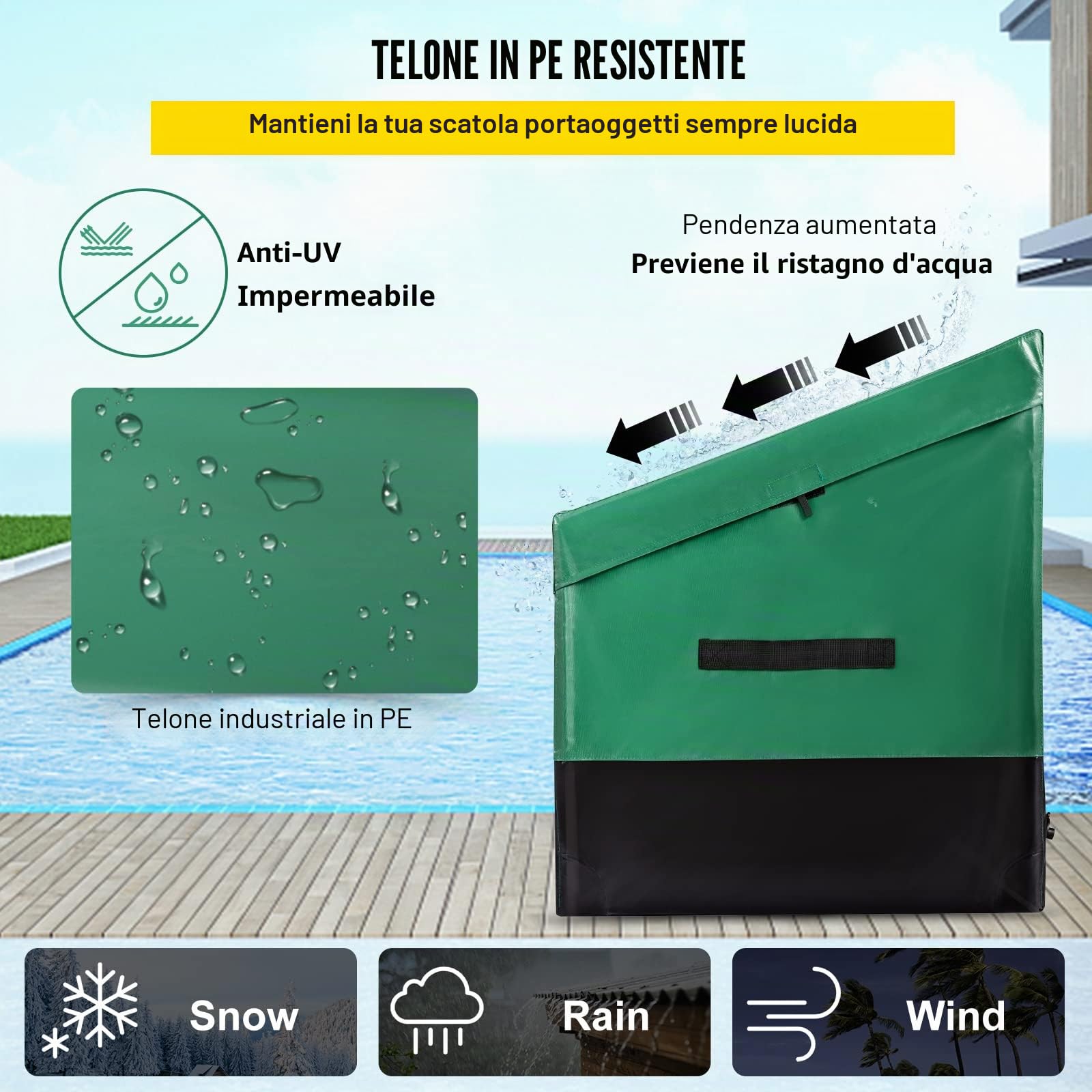 VEVOR Scatola per Stoccaggio da Esterno in PE Impermeabile 660L con Coperchio Manici Laterali, Baule da Giardino
