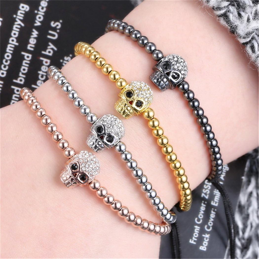 Uloveido Jet Black Plated Brass Cubic Zirconia Pave Skull Ball Bracelets for Women Black Rope Adjustable Handmade Knot Bracelet for Men YB003-Black - Image 3