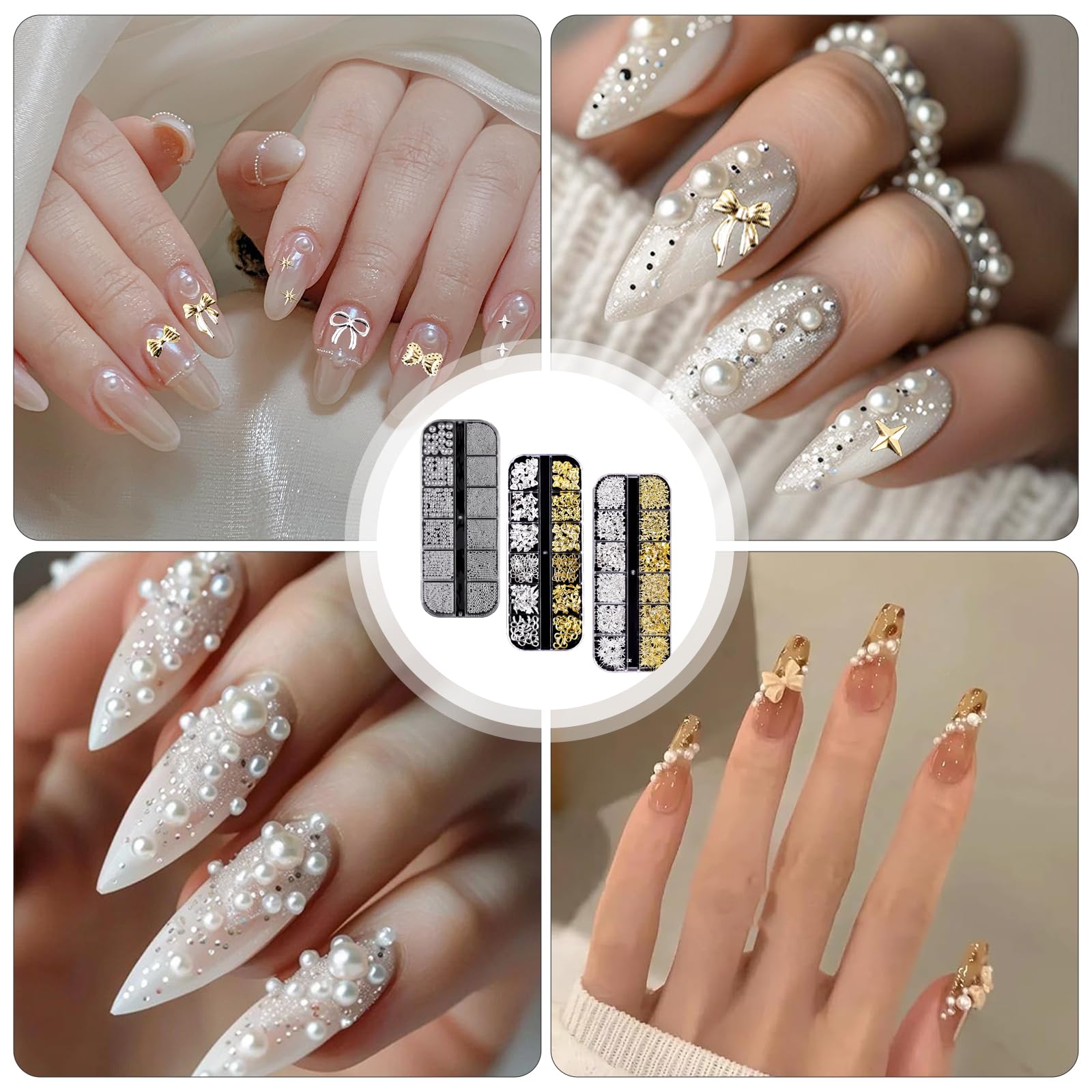lafo Lot de 3 Boîtes Strass Ongle Nail Art avec Bijoux Ongles - Perles Charmes Cristal Blanc, Beige et Décoration Ongle - Kit Nail Art Accessoires Design Faciles (A)