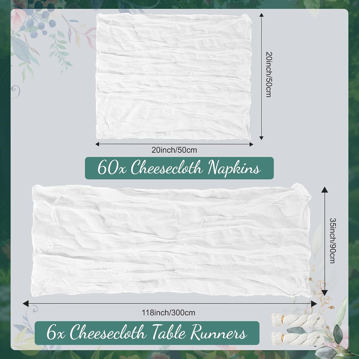 60PCS Ivory White Cheesecloth Napkins and 6PCS Table Runners Set, 19.69x19.69inch Rustic Wedding Napkins and 35x118inch Gauze Table Runner for Wedding Party Boho Table Decor