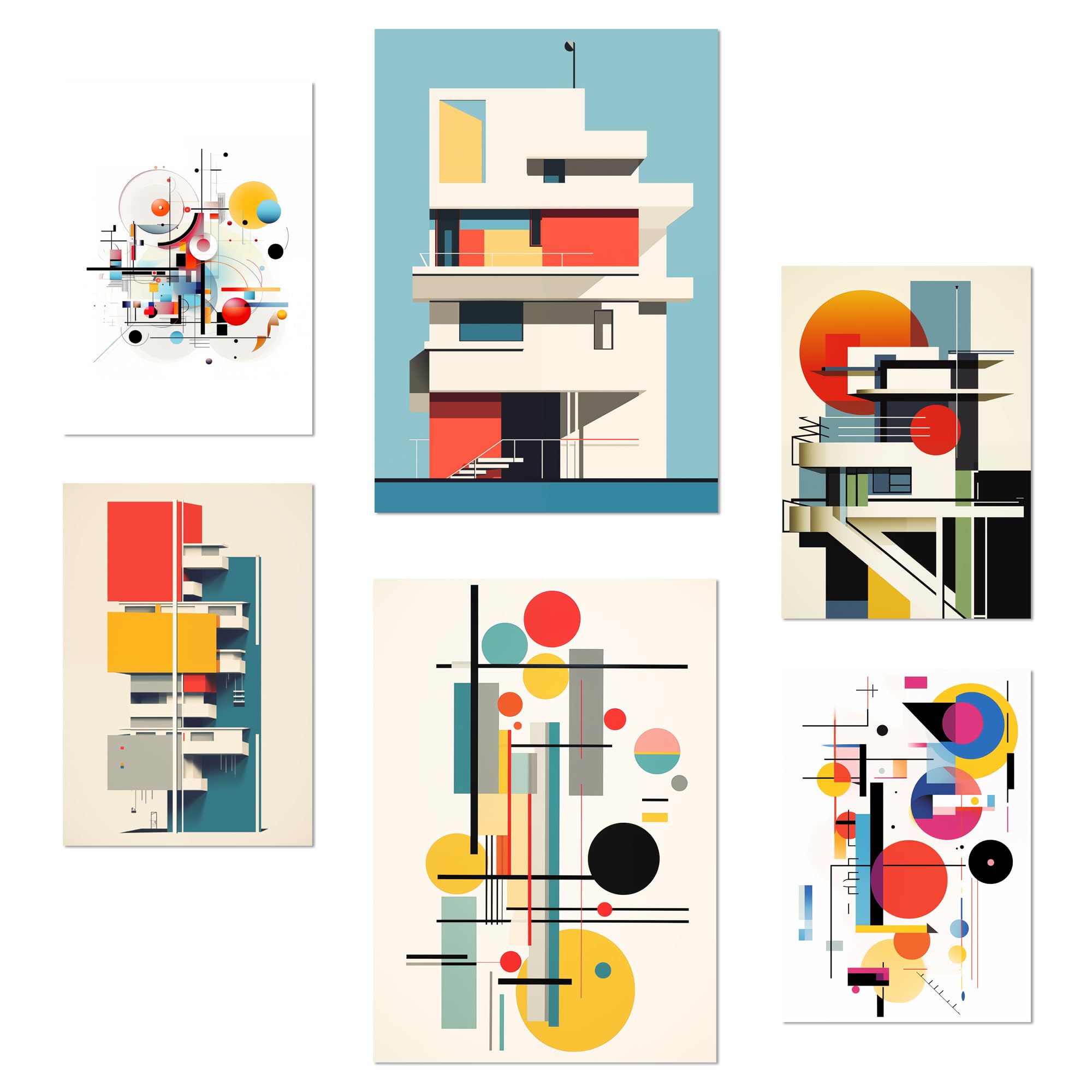 Nacnic Set of 6 Bauhaus Deconstructed architecture Posters with design illustration to decorate the walls of home. Rooms, office, shop and business. Painting in A3 and A4 size. Frameless.