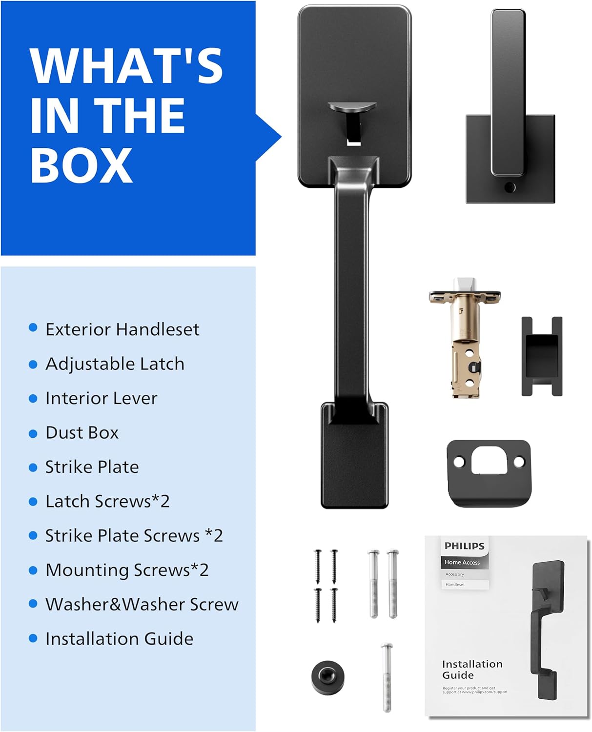 Philips Front Door Handle No Lock, Entry Handleset Exterior with Interior Handed Lever, Modern Front Door Handle,Deadbolt Not Included, Matte Black