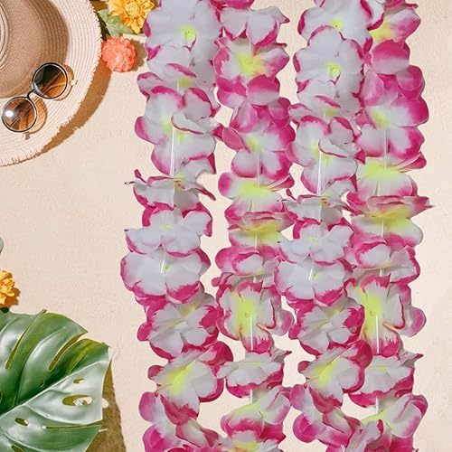 Miniatura 4 de Juego de 48 piezas de leis hawaianos gruesos a granel, flores tropicales rosas Lei Jumbo 12 diademas 24 pulseras, 12 collares florales, guirnalda