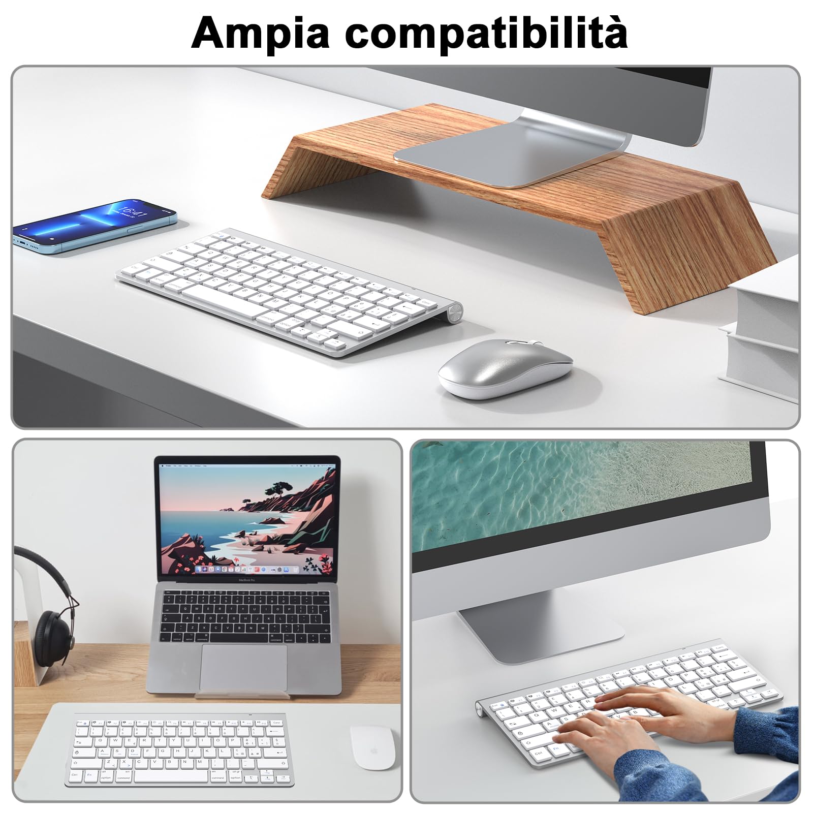 PINKCAT Tastiera wireless, Tastiera Bluetooth &2.4G Layout Italiano QWERTY con tasti multimediali, adatta per PC, laptop, Mac OS, Macbook pro/air, Windows (Argento)