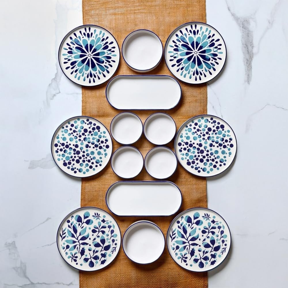 14-częściowy zestaw śniadaniowy dla 6 osób – seria Stackable Blue Ethnic z ceramiki Kütahya – ręcznie wykonany, trwały i można układać w stos – nadaje się do mycia w zmywarce i wysokiej