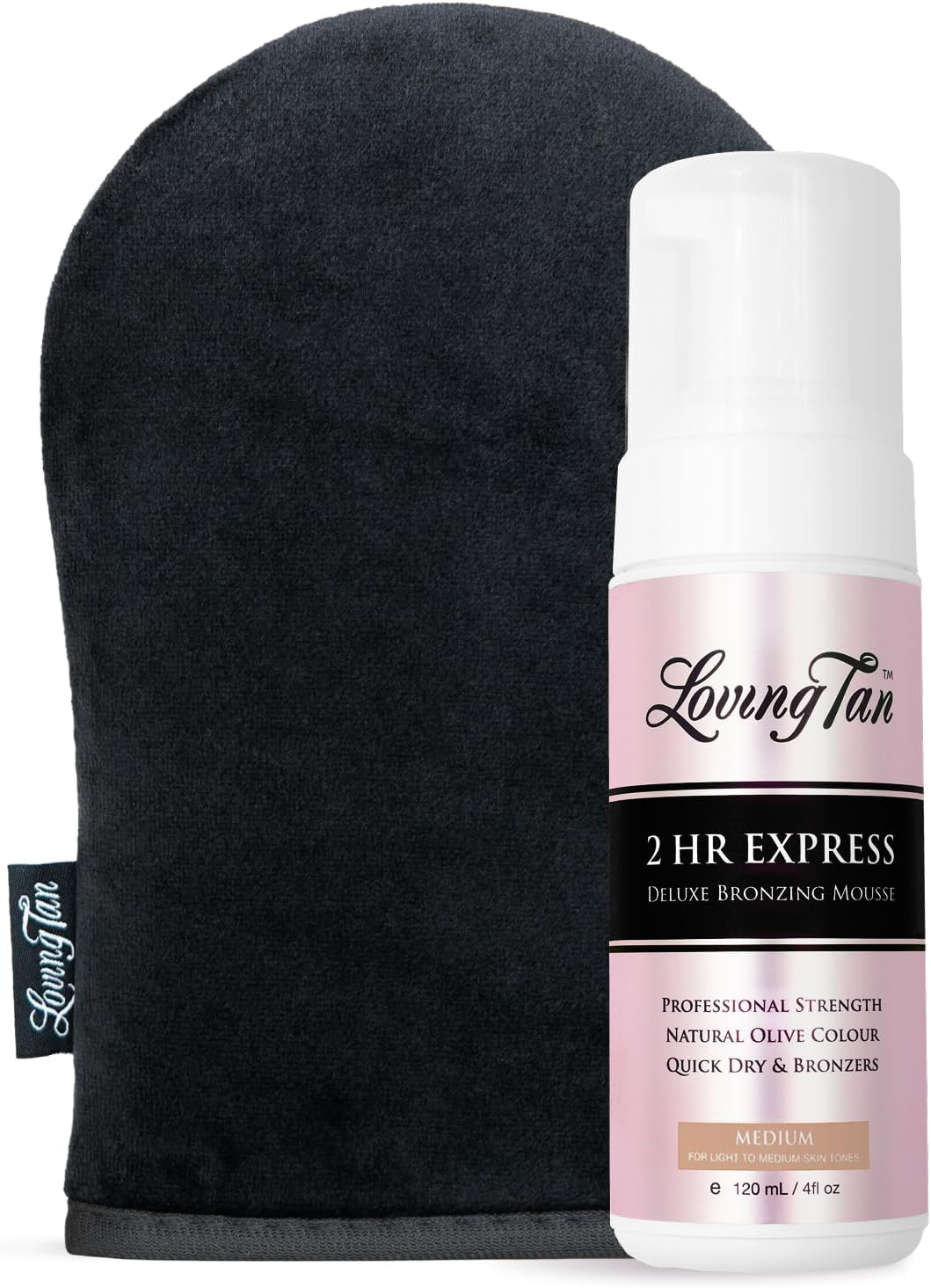 Loving Tan 2 HR Express Mousse, Medium + Mitt - Streak Free, Natural looking, Professional Strength Sunless Tanner- Up to 5 Applications per Bottle, Cruelty Free, Naturally Derived DHA - 4 FL Oz - Image 1 of 9