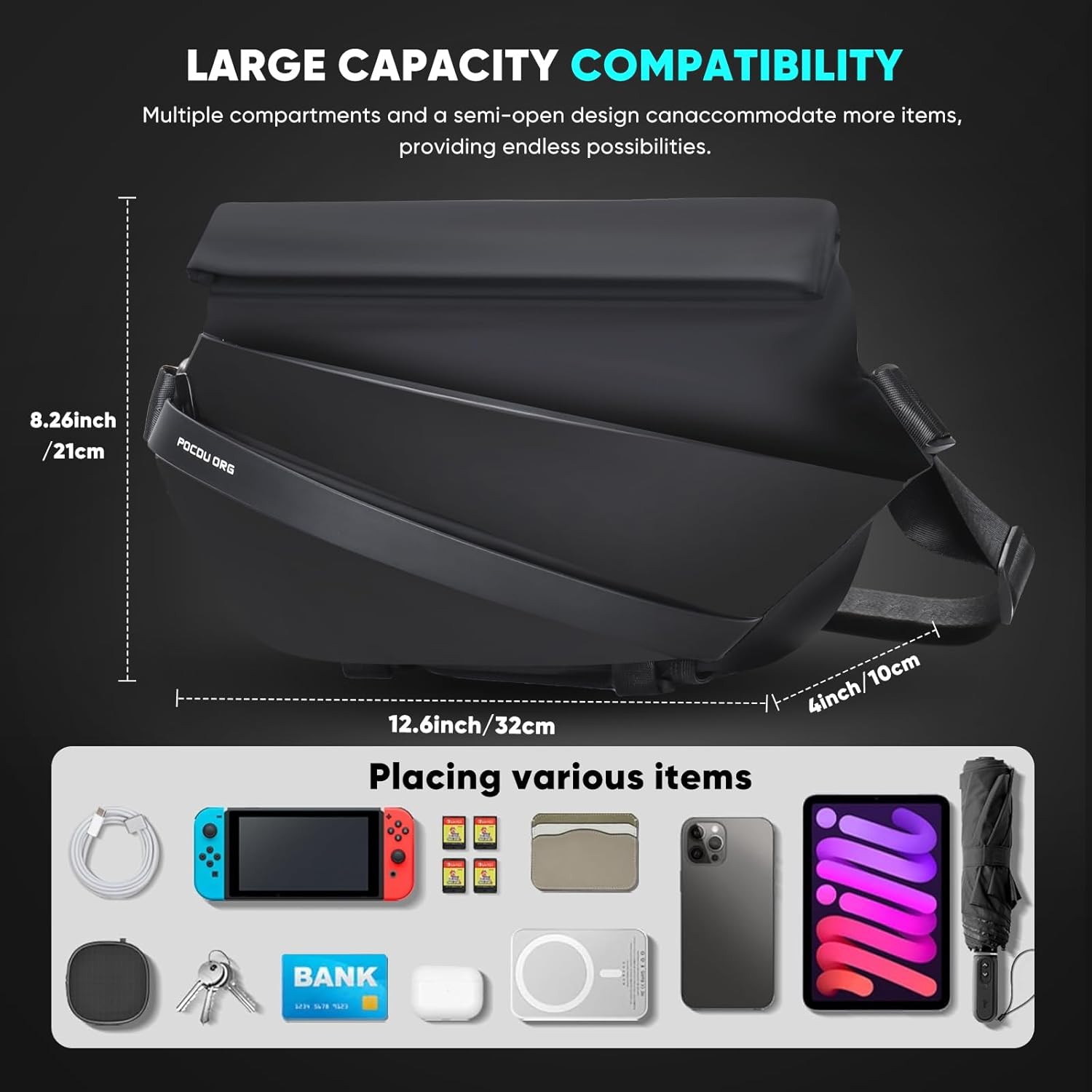 Travel Sling Bag – Waterproof Composite Fabric Crossbody Bag with Quick-Release Magnetic Buckle, Fits 10.9" iPad &13" MacBook