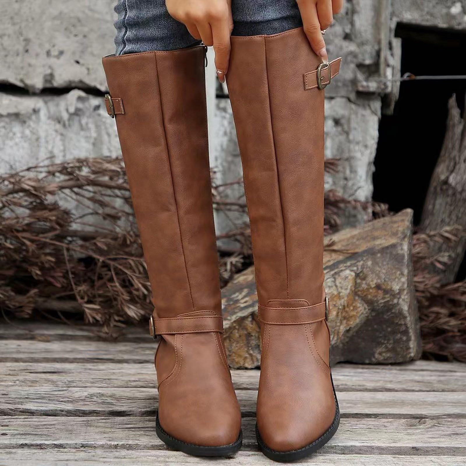 Botas de Invierno Mujer Botas Altas hasta la Rodilla de Moda con Hebilla Decorativa y Cremallera Lateral. Diseño Elegante y Estilo inglés para un Look Moderno.
