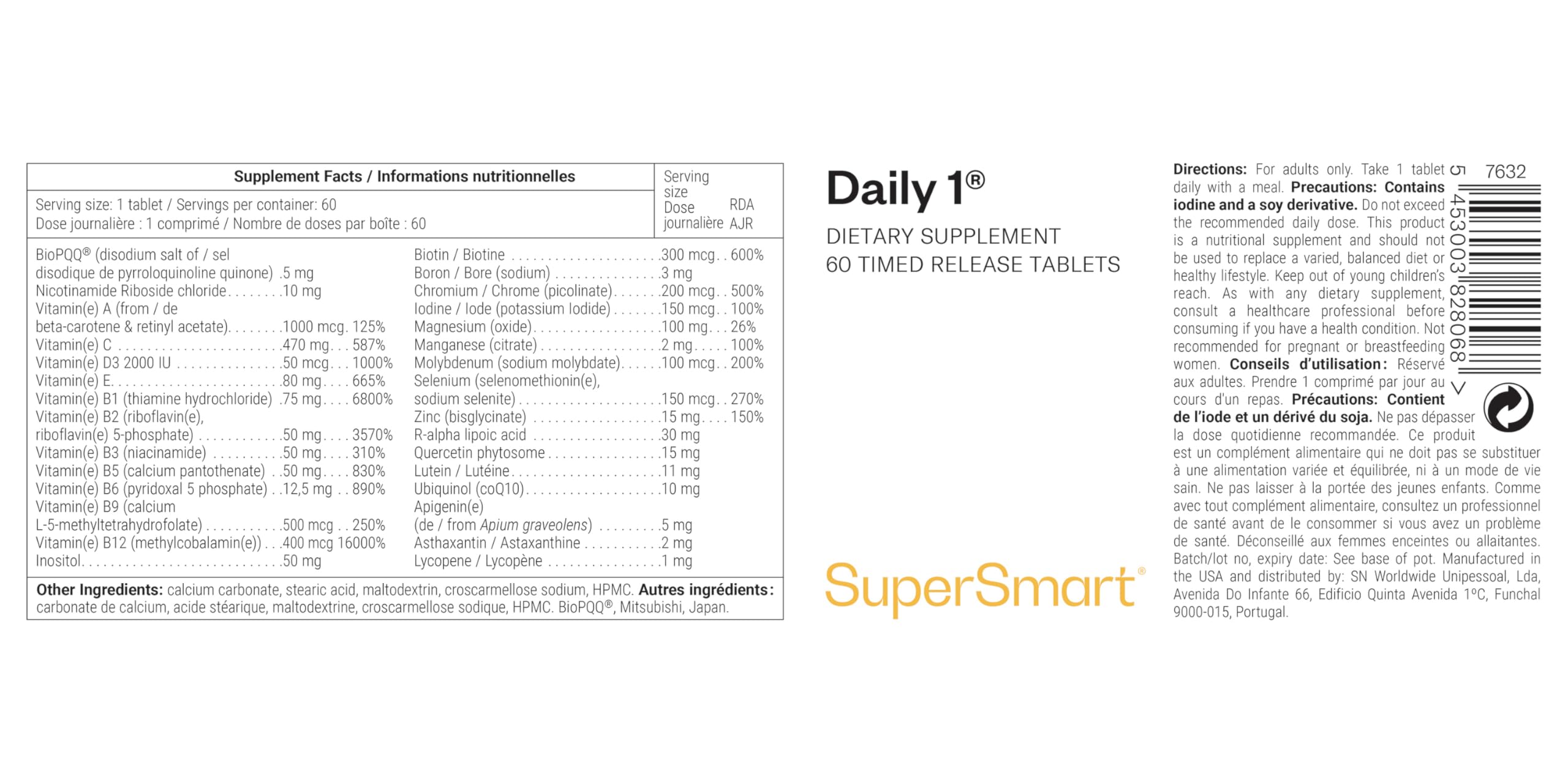 Complexe Multivitaminé Daily 1® - Complexe Anti-Fatigue - SuperSmart | 30 Vitamines et Minéraux - Vitalité et Bien-être - Vitamines A, D3, B12, C… - Sans Minéraux Controversés - 60 comprimés