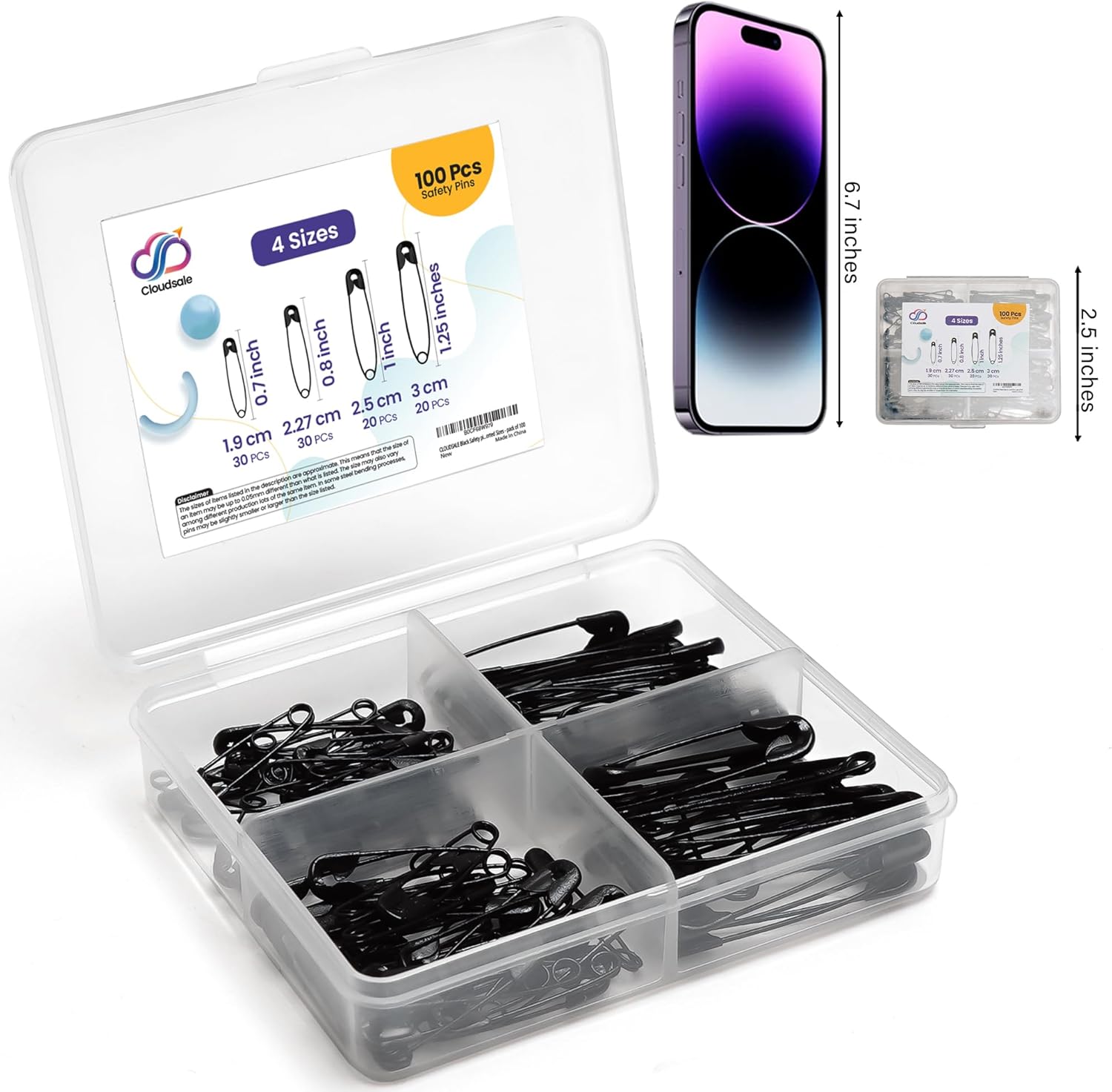 100 Pack Safety pins Black 4 Assorted Sizes, 19/22/25/30mm, Black