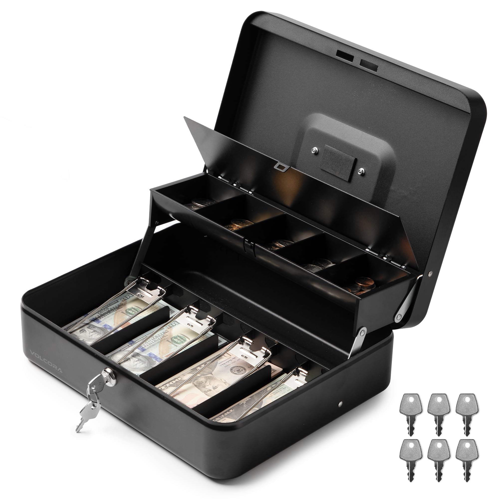 VolcoraLarge Cash Box with Key Lock, Metal Money Box for Cash, Portable Locking Safe Box with Money Tray, Durable Money Saving Organizer for Yard Sale, Garage Sale, Small Business, Black