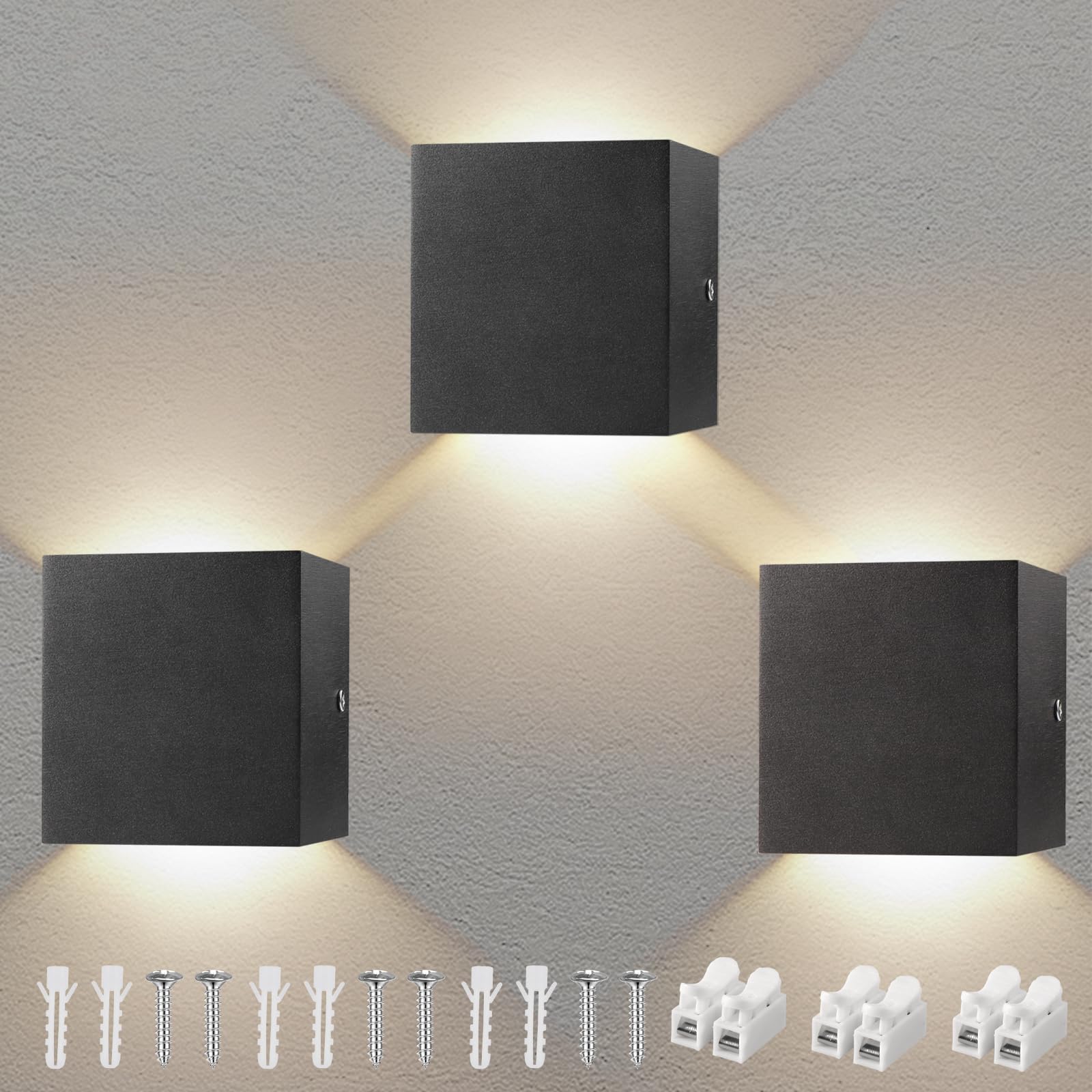 Svitzoot 3 Piezas Aplique LED de Pared Interior 7W Lampara Moderna Cálido 3000K Aplique Cuadrado Negro para Dormitorio Pasillo Lampara Decorativo