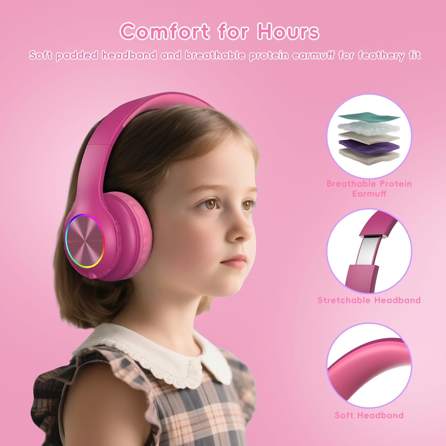 Candy Bila Kids Bluetooth 6.0 Headphones with LED Light, 85Hours Playtimes, Type-C Fast Charging, 85/94dB Volume Limited, Comfort Wireless Headphones with Built-in Mic, Wired & TF Card Mode, Hot Red