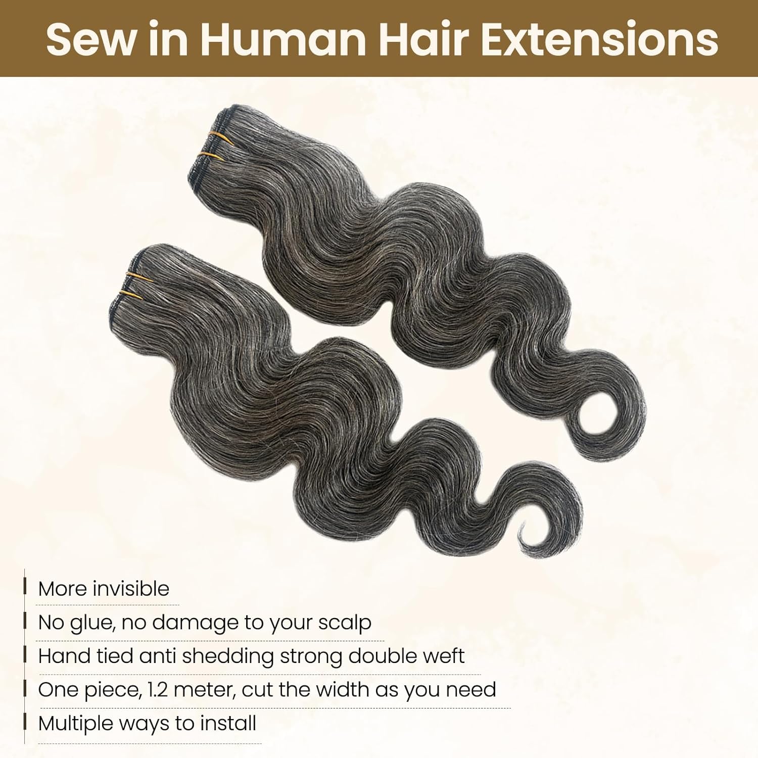 Salt and Pepper Grey Human Hair Sew in Extensions Body Wave 20 Inch Grey White Hand Tied Weft Hair Extensions Real Remy Weave Bundles for White Women Curly Wavy Long Double Weft 100G Full Head